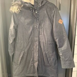 Gray Hooded Parka with Faux Fur Trim